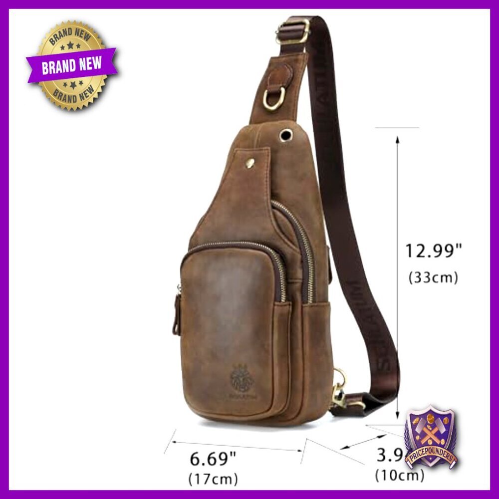 Genuine Leather Sling Bag Vintage Luxury Casual Daypack Adjustable Strap - Picture 2 of 7